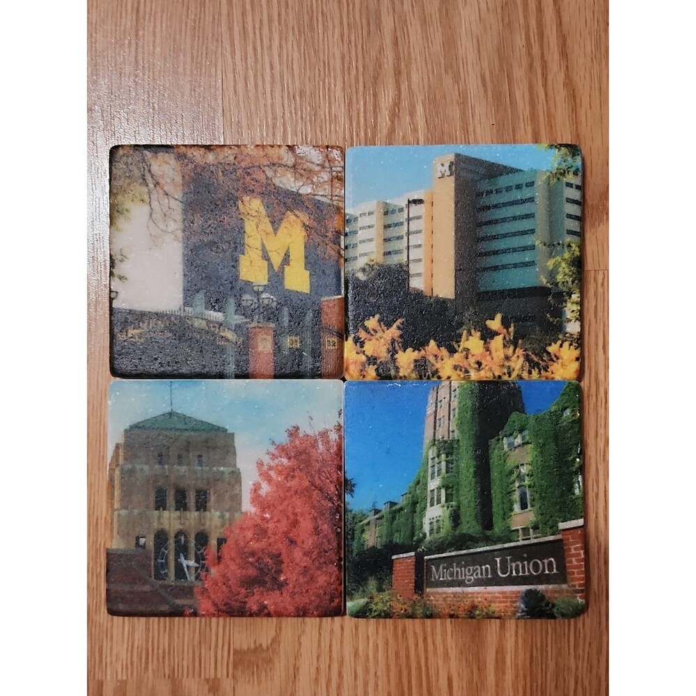 University of Michigan Stone Coaster Set of 4 Square Big house Clocktower Union